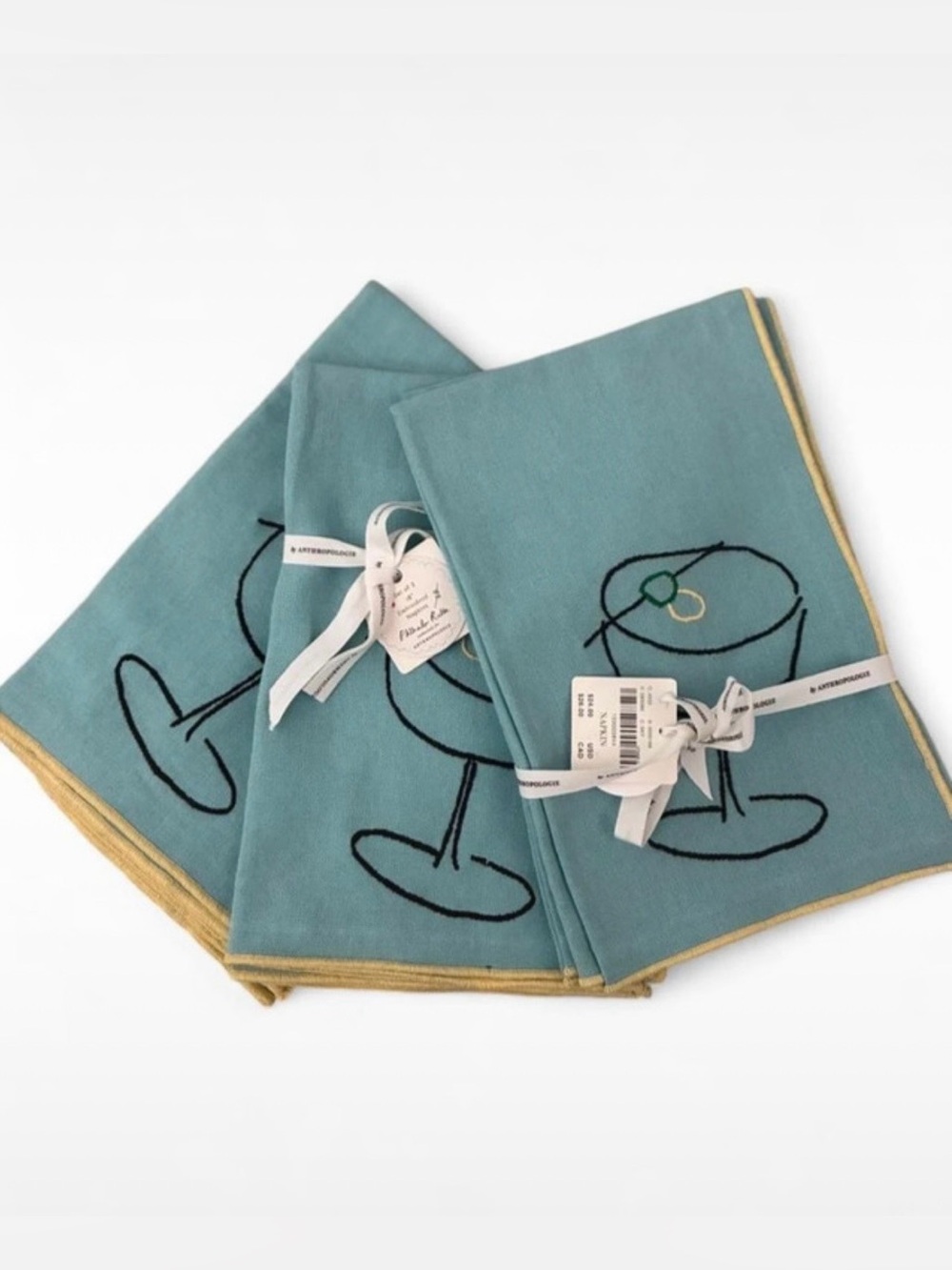 ANTHROPOLOGIE Teal Embroidered Cocktail Glass Dinner Napkins with Gold Trim